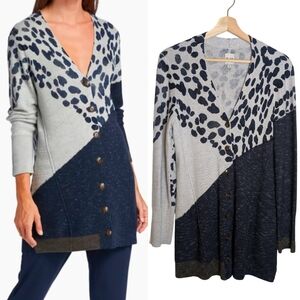 NIC + ZOE All Together Long Line Button Animal Print Color Block Cardigan Medium